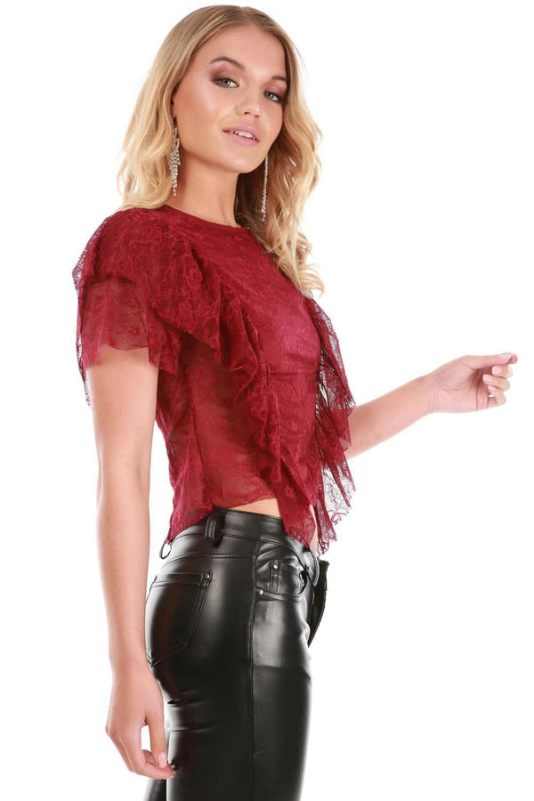 Frill Front Burgundy Floral Lace Crop Top