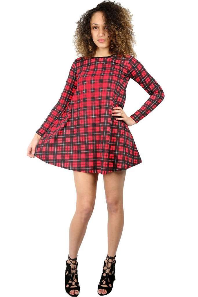 Louise Long Sleeve Tartan Mini Skater Dress - bejealous-com